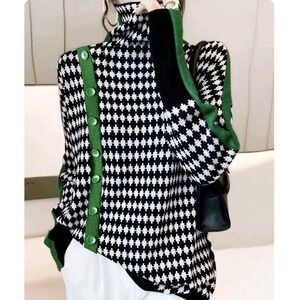 StyleWe Black White Houndstooth Sweater Mock Neck Green Trim Button Detail SMALL